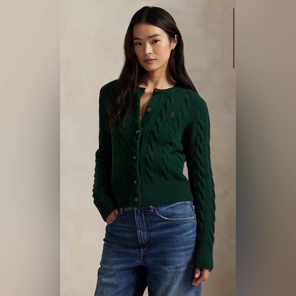 NWOT Polo Ralph Lauren Cable-Knit Wool-Cashmere Cardigan Green Sz Small